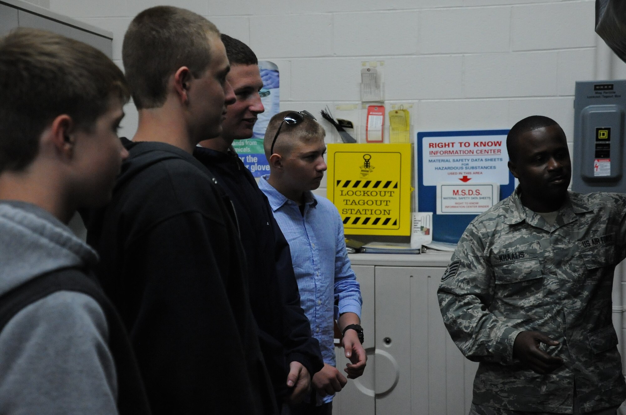 SSgt Khaalis, shows Civil Air Patrol cadets how the Charleston AFB Nondestructive Inspection shop uses x-rays to detect cracks, delaminations, voids, processing defects and heat damage on aircraft structures and parts, Saturday November 1. Members of the Clearwater Composite Squadron Civil Air Patrol took a took a tour of Charleston AFB as part of their Aerospace Education mission. (U.S. Air Force Photo/SSgt Adam Borgman)