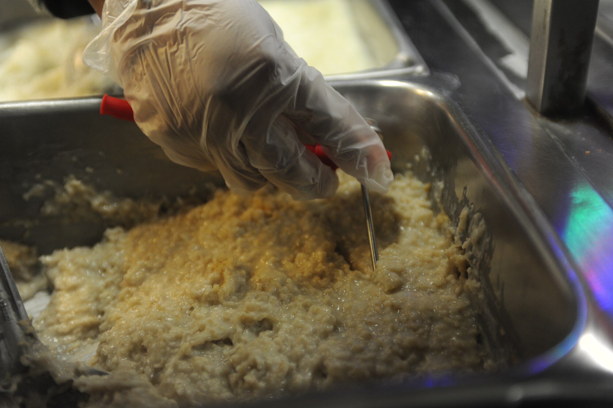 A temperature reading is taken during a food inspection at the dining facility on Minot Air Force Base, N.D., Oct. 28, 2014. Inspections carefully document food storage, preparation, serving and sanitation procedures to ensure the safety of dining facility patrons. (U.S. Air Force photo/Senior Airman Stephanie Morris)