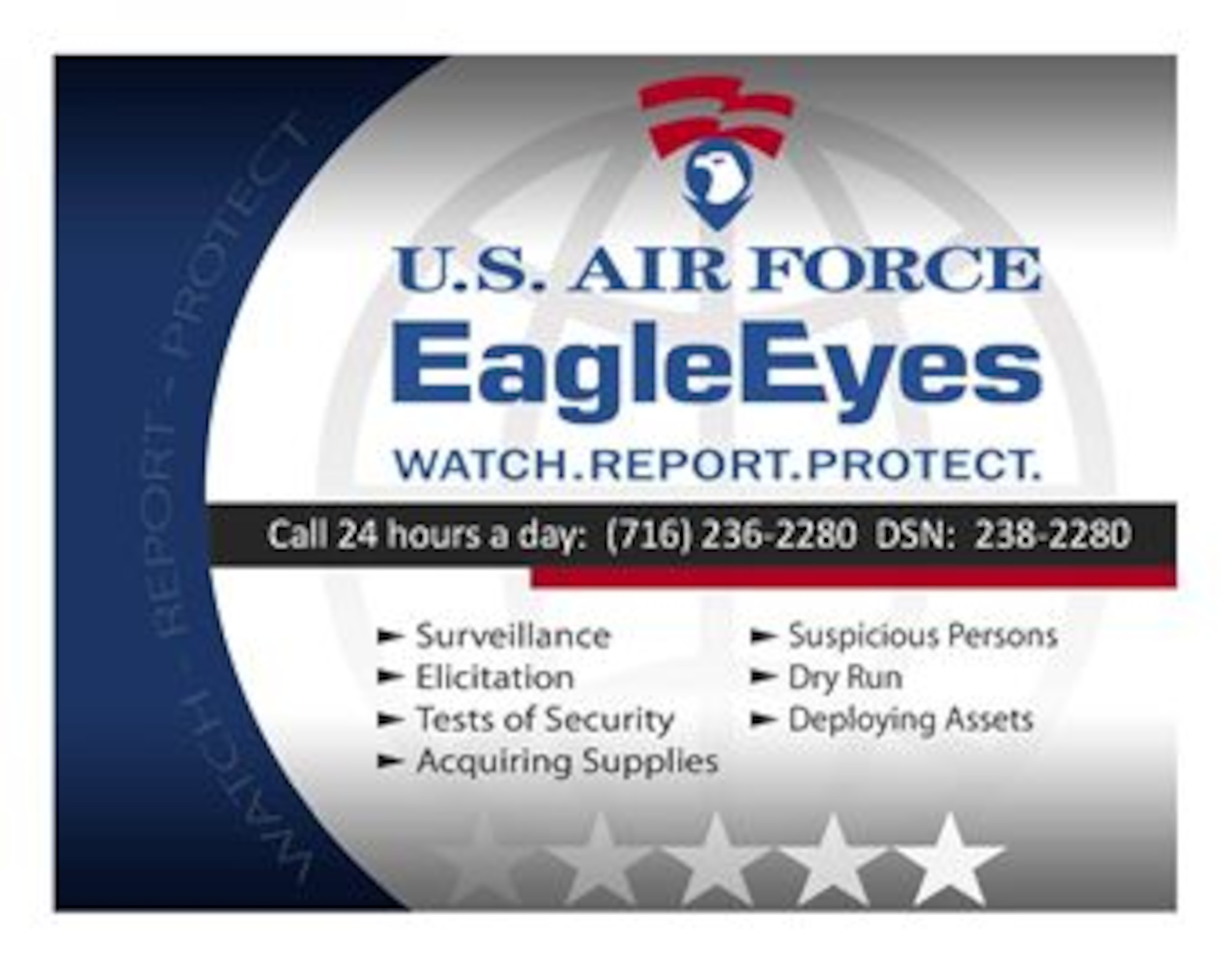 Security Forces defend the base, but everyone can help ensure Niagara Falls Air Reserve Station is safe and sound through the Air Force Office of Special Investigations Eagle Eyes program. (Courtesy Graphic)
