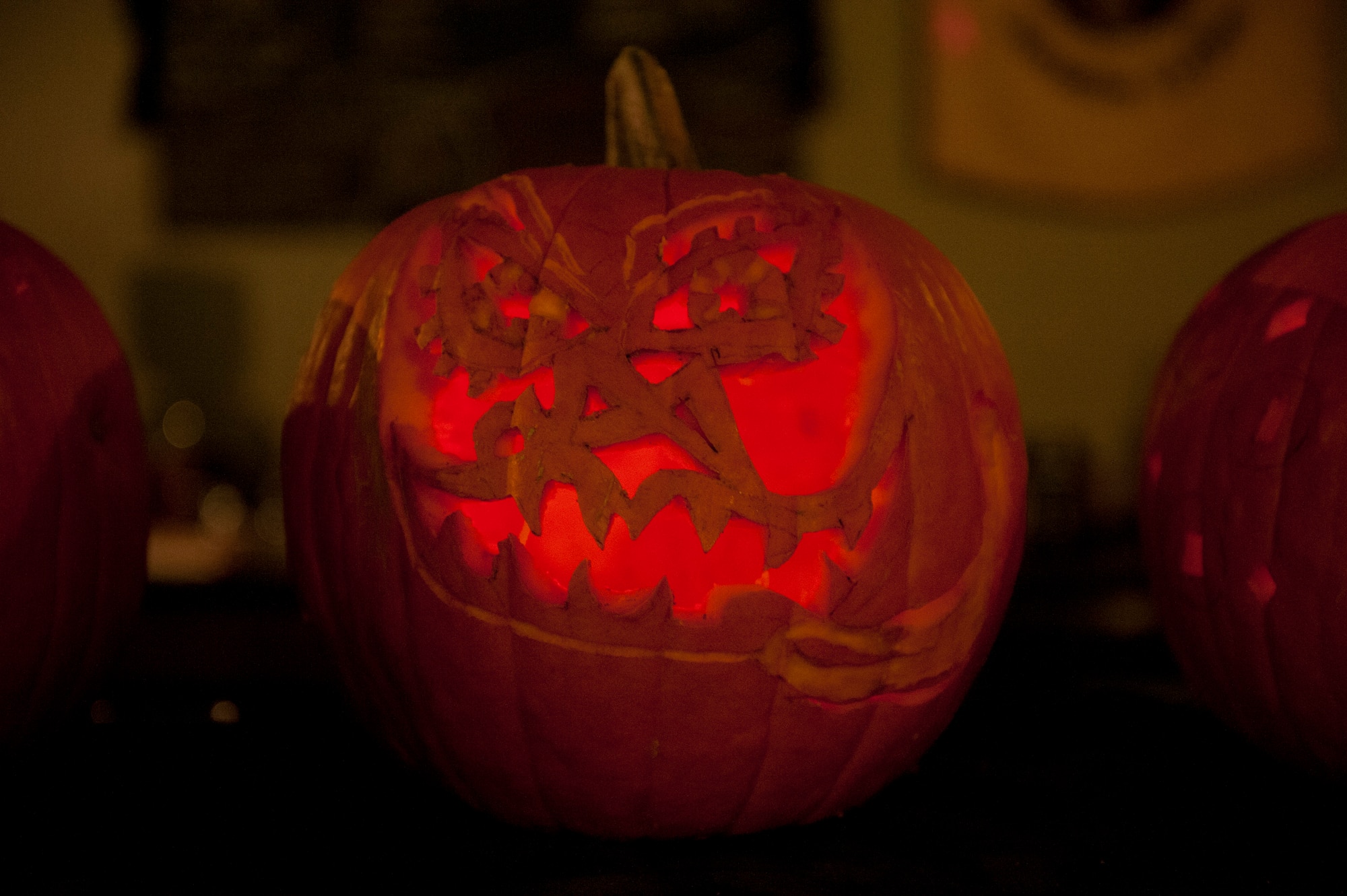 PETERSON AIR FORCE BASE, Colo. – The winning pumpkin was carved by Airmen 1st Class Sherman Good, Julieth Collazos, Mickey Szabat and Bridget Gray, with each member receiving a gift card. The second annual pumpkin carving contest at the Cyber Café Oct. 29 was hosted by the Peterson chapel. (U.S. Air Force photo/Airman 1st Class Rose Gudex)
