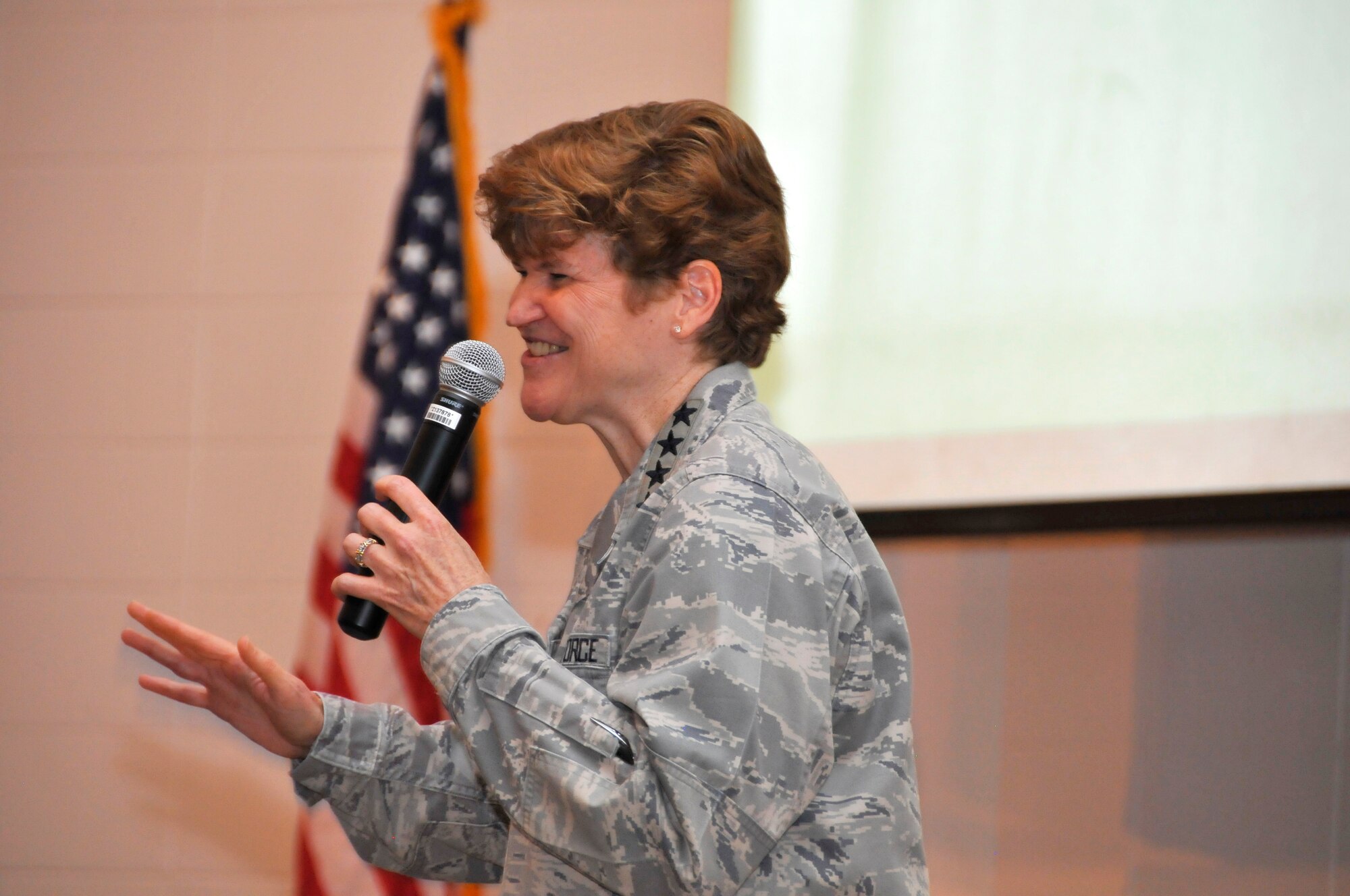 Gen. Janet C. Wolfenbarger, Air Force Materiel Command commander, shares her perspective with the Department of Defense workforce at Arnold Engineering Development Complex (AEDC) during a Commander’s Call event held on Oct. 21. (Photo by Rick Goodfriend)