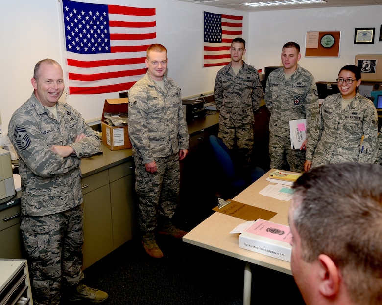 Air National Guard Command Chief Master Sgt. James Hotaling with Airmen from the 166th Airlift Wing, Delaware ANG during a visit to the New Castle ANG Base, Delaware on Oct. 18, 2014 (U.S. Air National Guard photo by Staff Sgt. Andrew Horgan)