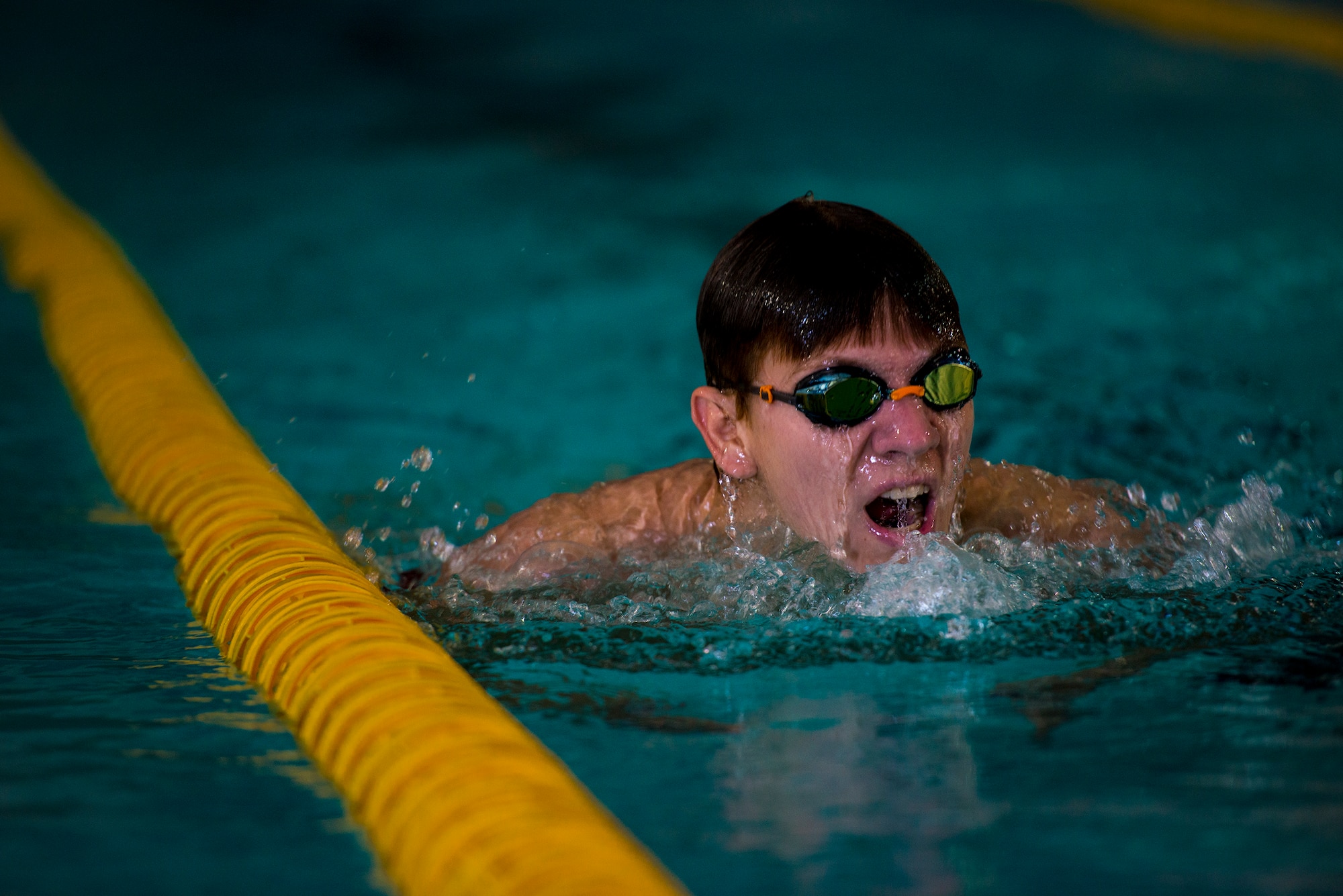 A member of the 336th Recruiting Squadron’s delayed entry program swims laps Nov. 3, 2014, at Moody Air Force Base, Ga. Recruits are required to pass a physical ability stamina test before being accepted into any special operations training. (U.S. Air Force photo by Airman 1st Class Ryan Callaghan/Released)