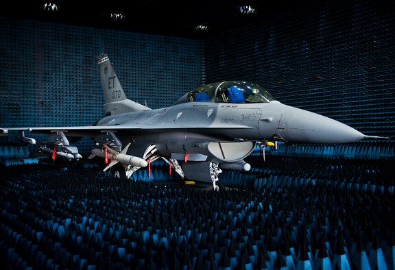 A 40th Flight Test Squadron F-16 Fighting Falcon sits in the anechoic chamber after completion of the initial round of testing simulations on the new M-7 software upgrade Oct. 30 at Eglin Air Force Base, Fla. The unit, along with the 85th Test and Evaluation Squadron and 416th Flight Test Squadron will push the limits of the new software during an upcoming deployment to Northern Edge at Elmendorf AFB, Alaska.  The M-7 software package will provide multiple advanced capabilities to the aircraft. (U.S. Air Force photo/Samuel King Jr.) 

