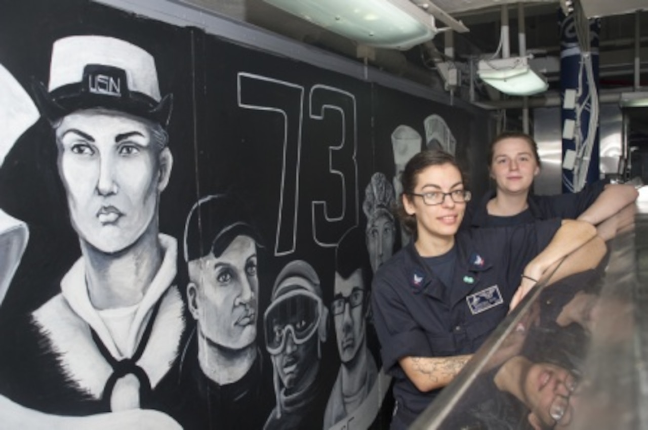 Navy Aerographer’s Mate 3rd Class Kristena Huck, from Deming, Wash., left, and Machinist’s Mate Fireman Elizabeth Bowmer, from Astoria, Ore., pose beside a mural they painted on the aft mess decks of the Nimitz-class aircraft carrier USS George Washington. The George Washington and its embarked carrier air wing, Carrier Air Wing 5, provide a combat-ready force that protects U.S. interests and those of its allies and partners in the Indo-Asia-Pacific region. U.S. Navy photo by Seaman Everett Allen