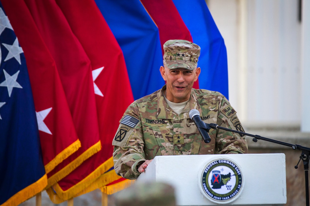 U.S. Army Maj. Gen. Stephen Townsend, commander of Combined Joint Task Force 10, speaks about the history of Regional Command East during the Combined Joint Task Force 10 inactivation and Regional Command East deactivation ceremony on Bagram Airfield, Afghanistan, Nov. 4, 2014. 
