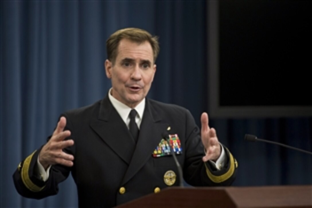 Pentagon Press Secretary Rear Adm. John Kirby updates reporters on the role the United States is playing in helping Syria battle the Islamic State of Iraq and the Levant during a briefing at the Pentagon, Nov. 4, 2014.