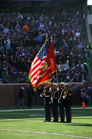 Marines with Marine Corps Recruiting Station Twin Cities presented the colors at the Minnesota Vikings game against the Washington Red Skins, November 2. 