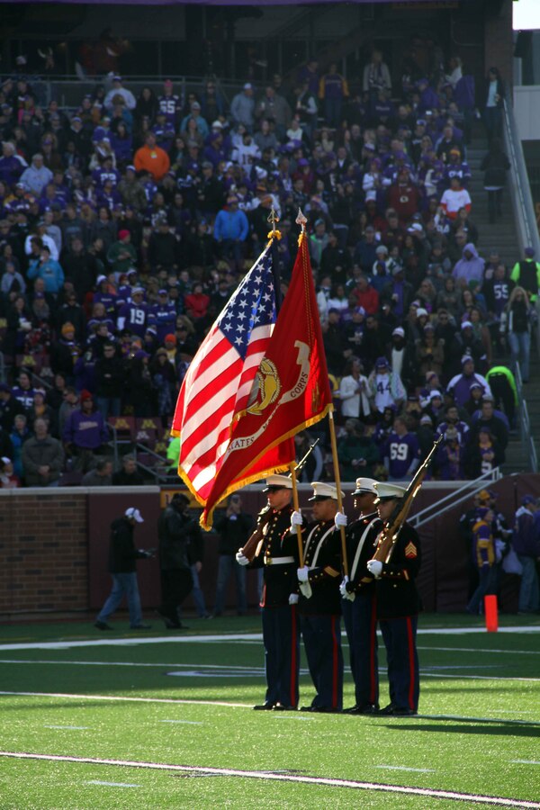 Marines with Marine Corps Recruiting Station Twin Cities presented the colors at the Minnesota Vikings game against the Washington Red Skins, November 2. 