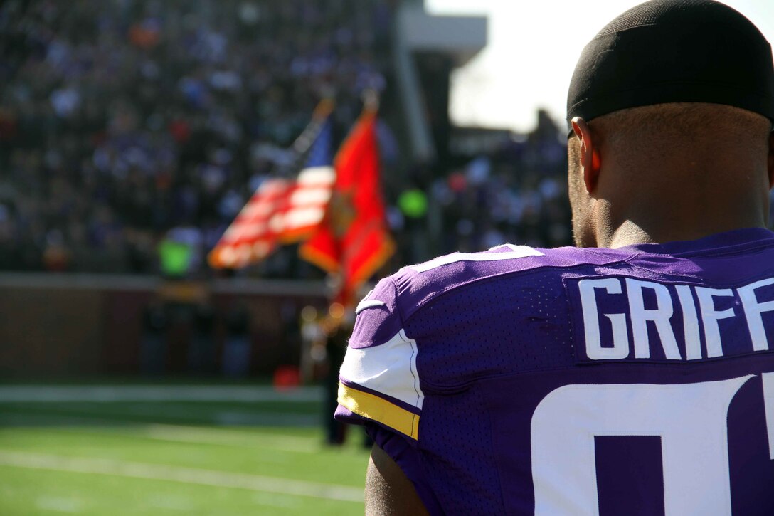 Marines with Marine Corps Recruiting Station Twin Cities presented the colors at the Minnesota Vikings game against the Washington Red Skins, November 2. 
