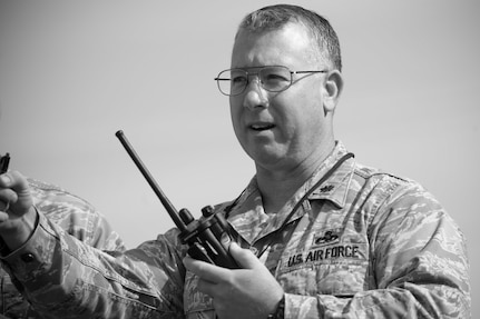 New Jersey Air National Guard Lt. Col. John Fogarty oversees a hazardous waste containment exercise at Atlantic City Air National Guard Base, N.J., on Nov. 4, 2014. 