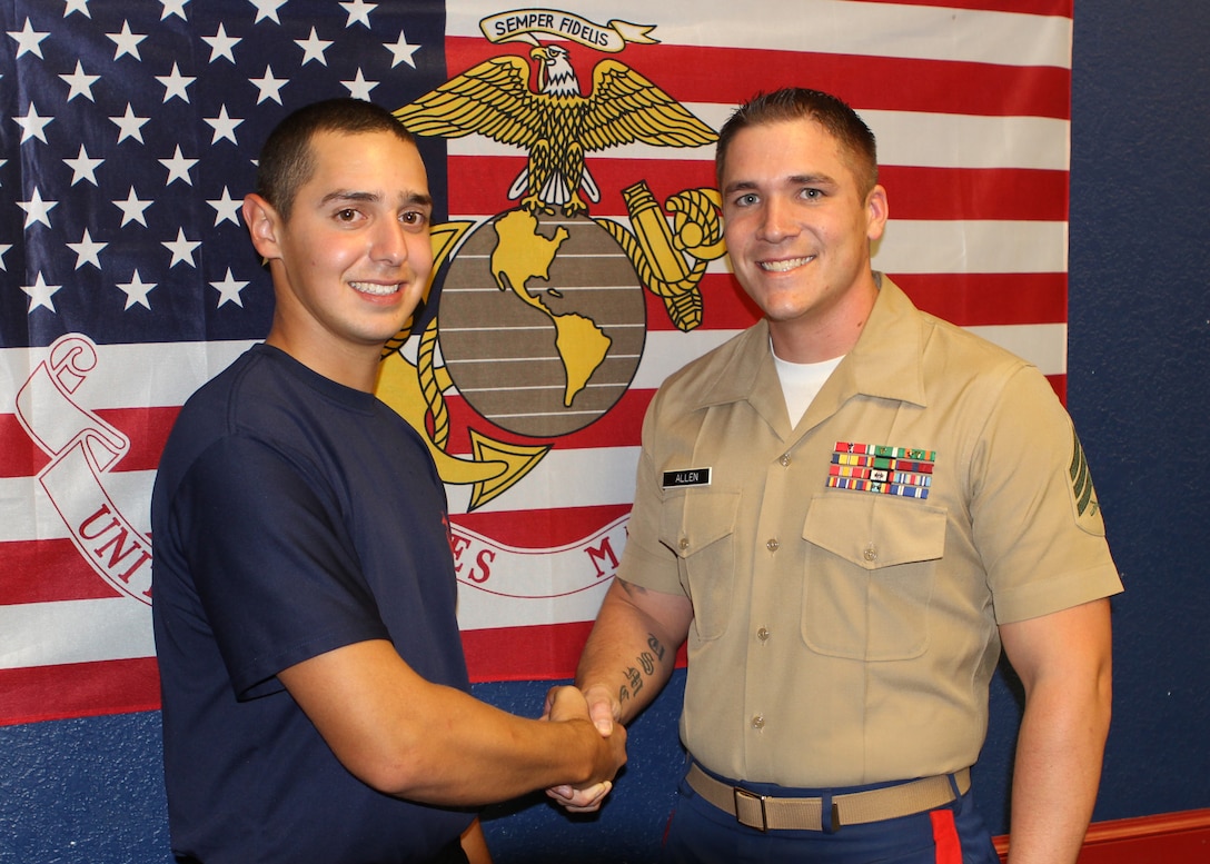 Ayden J. Lejeune, whose great-great-great uncle is the former 13th Commandant of the United States Marine Corps , Lt. Gen. John A. Lejeune, poses for a photo with his recruiter Sgt. Dallas Allen, Recruiting Substation Oklahoma City South, Recruiting Station Oklahoma City. Lejeune, a Norman, Oklahoma native is set to ship to Marine Corps Recruit Depot San Diego for recruit training on Nov. 3. The 19 year-old Norman High School graduate enlisted in the delayed entry program on March 19, 2013. Lejeune
said he has wanted to join the Marine Corps since he was young because the Marines are the best of the best. (Official Marine Corps Photo By Sgt. Lucas Vega/RELEASED)
