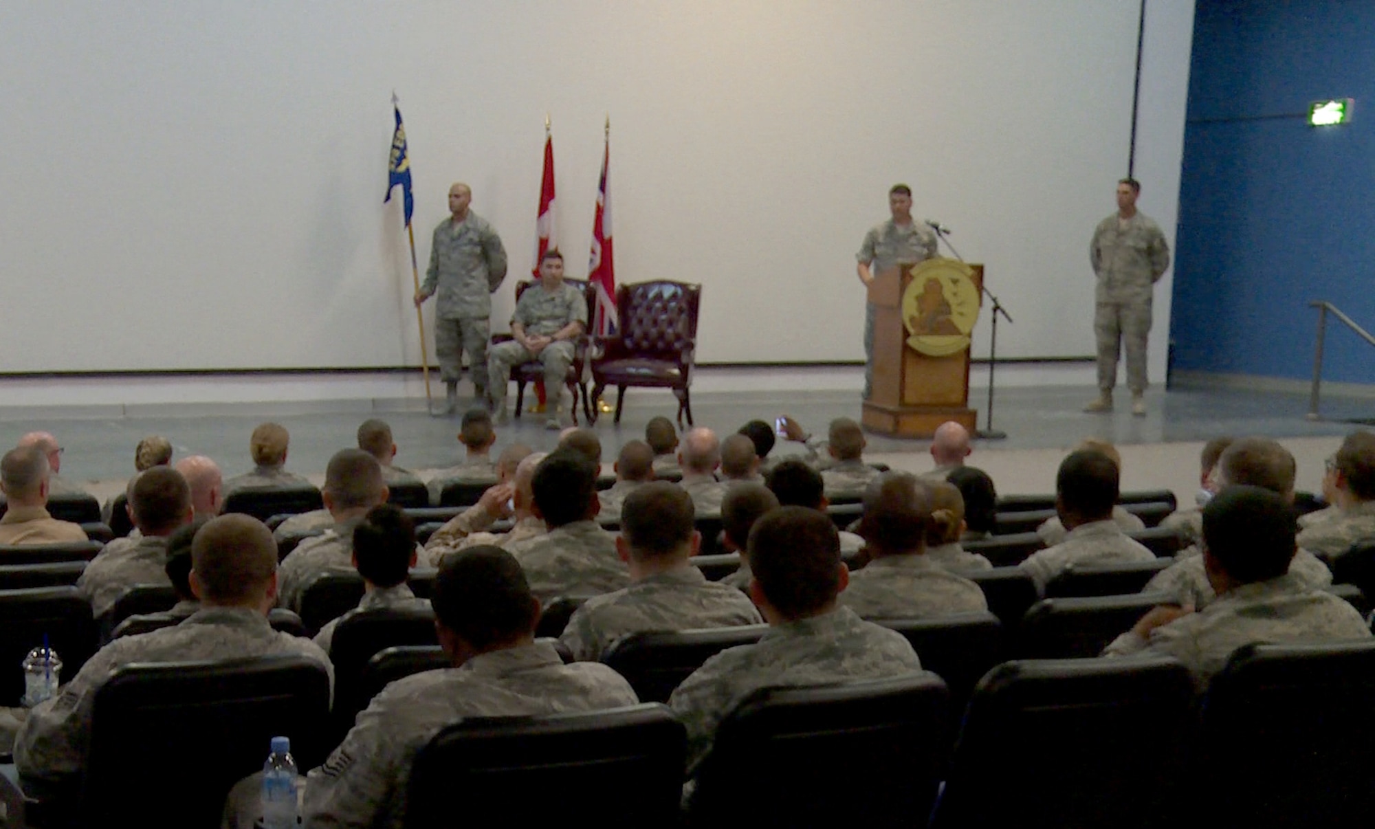 U.S. Air Force Lt. Col. Stuart Williamson, 71st Expeditionary Air Control Squadron commander, speaks during an inactivation ceremony for the 71st EACS Nov. 1, 2014, at Al Udeid Air Base, Qatar. The 71st EACS’s mission was transferred to the 727th EACS.