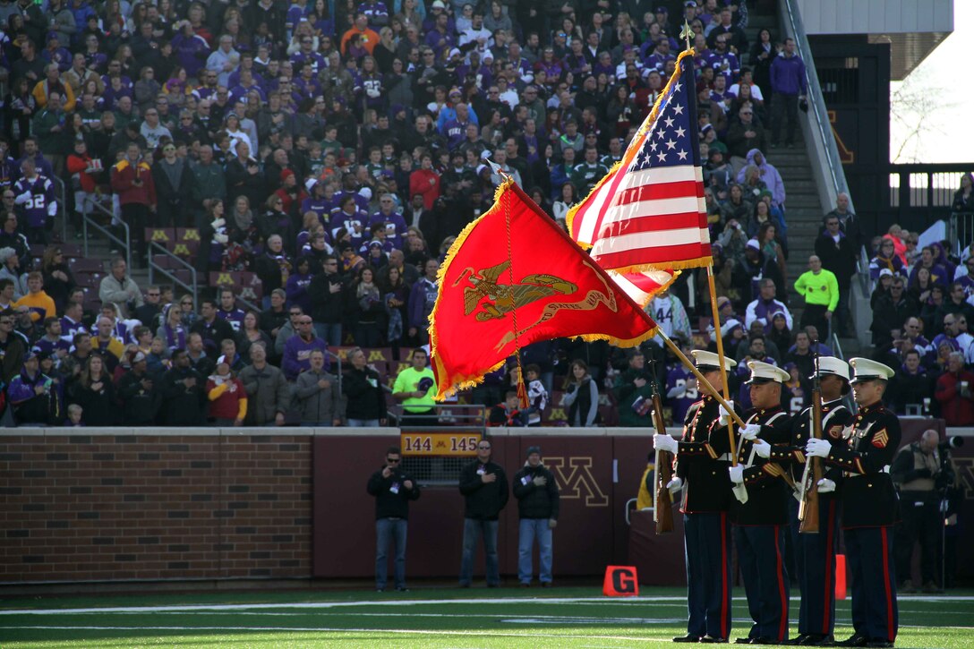 Marines with Marine Corps Recruiting Station Twin Cities presented the colors at the Minnesota Vikings game against the Washington Red Skins, November 2. 