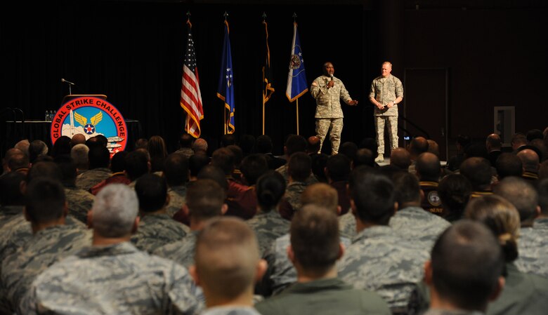 Chief Master Sgt. of the Air Force James A. Cody speaks to a crowd of nearly
800 Airmen and attendees at the Global Strike Challenge 2014 Technology and Innovation Symposium in the Bossier Civic Center, Bossier City, Louisiana, Nov. 5. Cody and Command Sergeant Major Patrick Z. Alston, Senior Enlisted Leader for the United States Strategic Command, talked about core values and profound leadership. (U.S. Air Force photo by Senior Airman Janelle Dickey/Released)