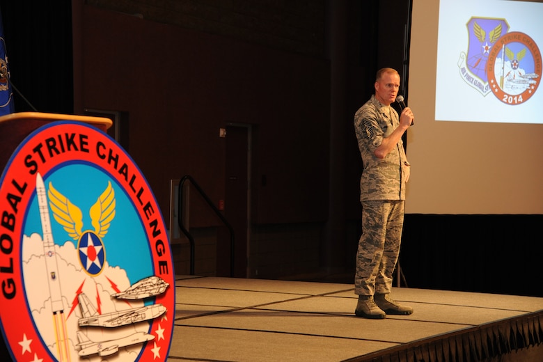 Chief Master Sgt. of the Air Force James A. Cody speaks to a crowd of nearly
800 Airmen and attendees at the Global Strike Challenge 2014 Technology and Innovation Symposium in the Bossier Civic Center, Bossier City, Louisiana, Nov. 5. Cody and Command Sergeant Major Patrick Z. Alston, Senior Enlisted Leader for the United States Strategic Command, talked about core values and profound leadership. (U.S. Air Force photo by Senior Airman Janelle Dickey/Released)