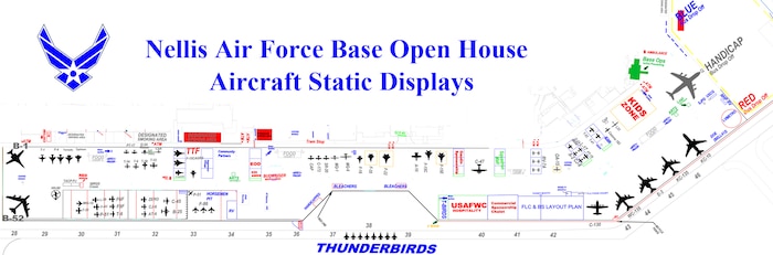 This map shows the location of aircraft static displays and various booths for the Nellis Open House Nov. 8 and 9 at Nellis Air Force Base, Nev. This year there are more than 15 different aircraft scheduled to fly, spanning 71 years of aviation history.
