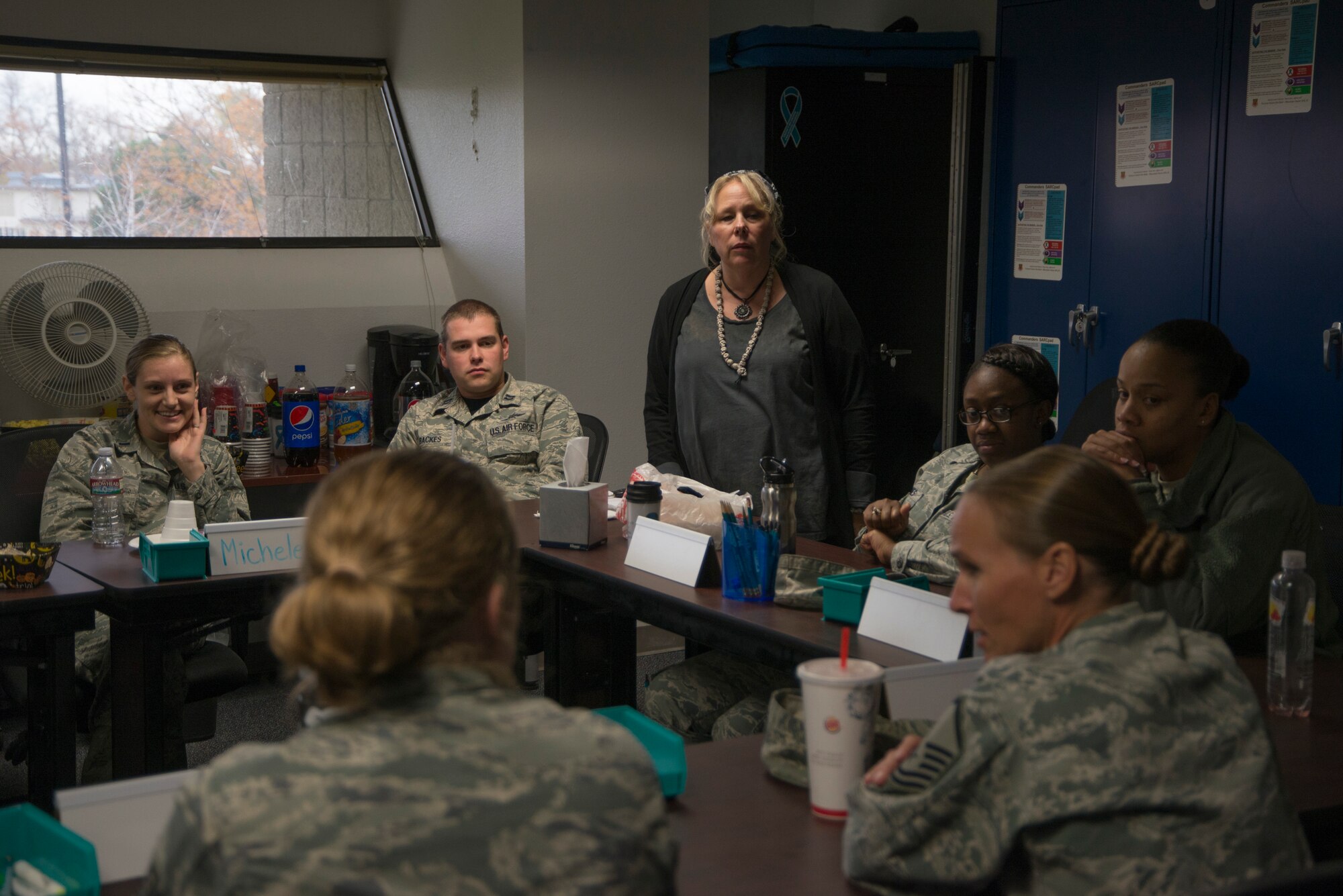 Integrated Delivery System members and victim advocates discuss the positive changes to the Sexual Assault Prevention and Response program Oct. 31, 2014, at Mountain Home Air Force Base, Idaho. One SAPR change is the availability of Special Victims Council, which is a lawyer who assists the victim through the judicial process. (U.S. Air Force photo by Staff Sgt. Roy Lynch III/RELEASED)