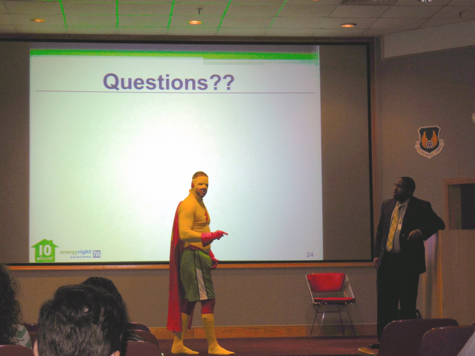 Captain Kilowatt takes the stage at the Energy Expo to share examples of how to be more energy efficient.  