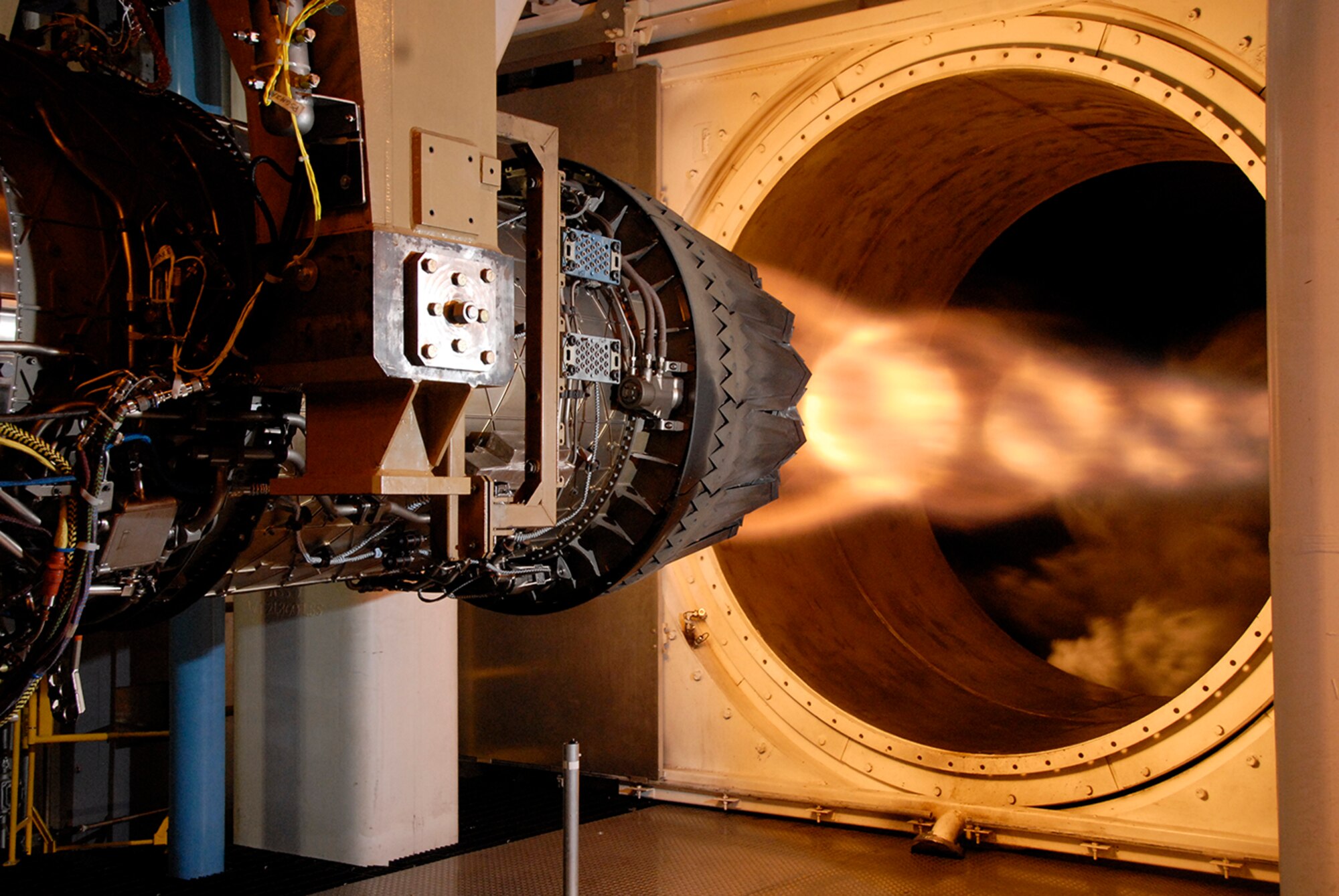 A Pratt & Whitney F135 engine for the Conventional Take-Off and Landing version of the F-35 Lighting II Joint Strike Fighter completed a record-breaking accelerated mission test in the Sea Level 3 (SL-3) test cell at AEDC. Shown here is a previous test of the F135 in the AEDC SL- 3 test cell. (Photo by Rick Goodfriend)