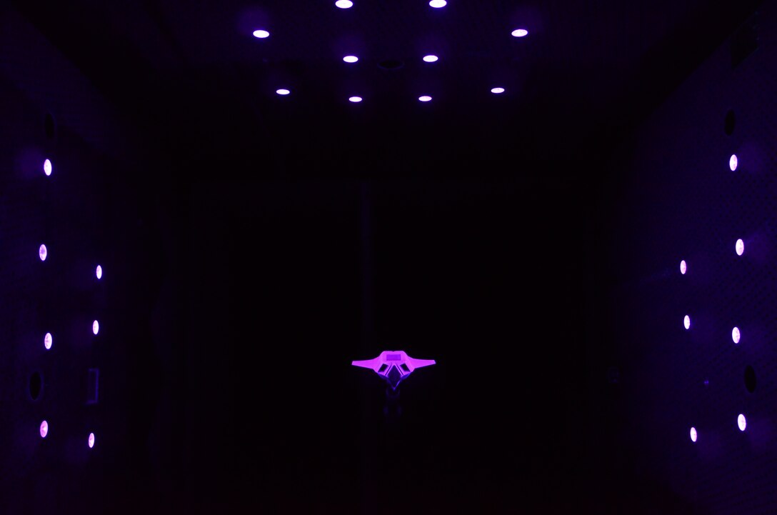The dynamic PSP was used on the Lockheed Martin V7 model, a 1980s Advanced Tactical Fighter concept, to measure the acoustic pressure levels in the bay. This photo shows the illumination of the model by the purple LEDs.