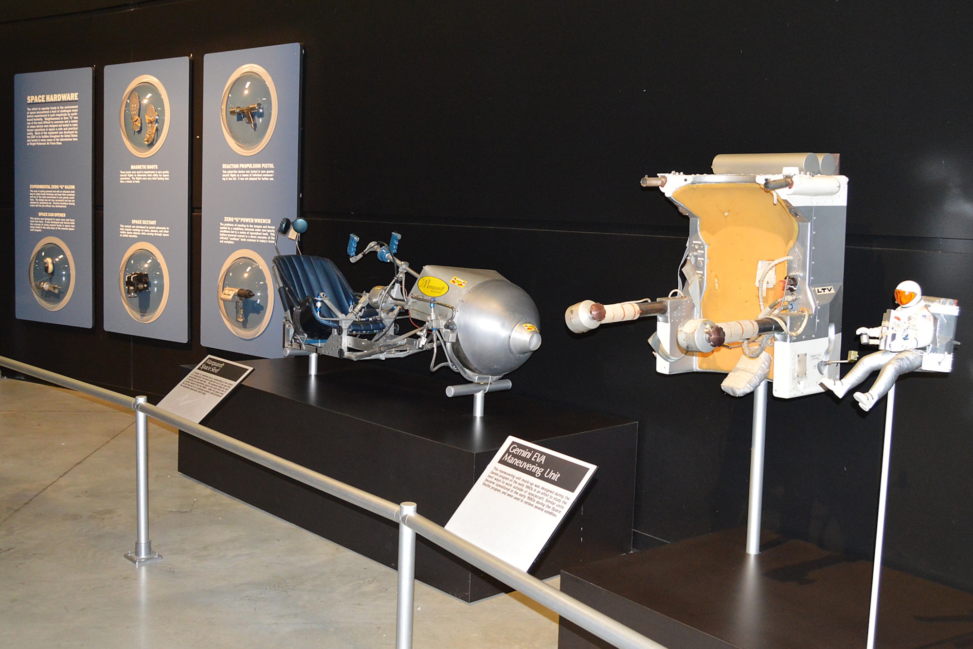 DAYTON, Ohio -- Space Hardware, Marquardt Space Sled and Gemini EVA Maneuvering Unit on display in the Missile and Space Gallery at the National Museum of the United States Air Force. (U.S. Air Force photo)
