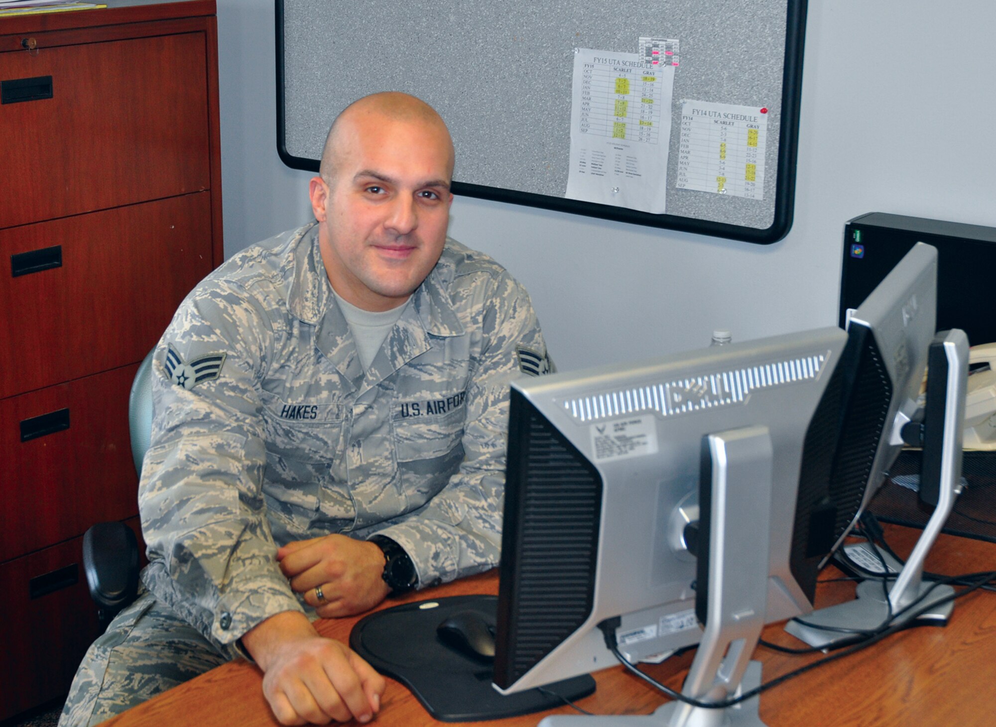 WRIGHT-PATTERSON AIR FORCE BASE, Ohio - Senior Airman Brandon Hakes, 87th Aerial Port Squadron Orderly Room supervisor, is the 445th Airlift Wing November 2014 Spotlight Performer. (U.S. Air Force photo/maj. Demetrius Smith)
