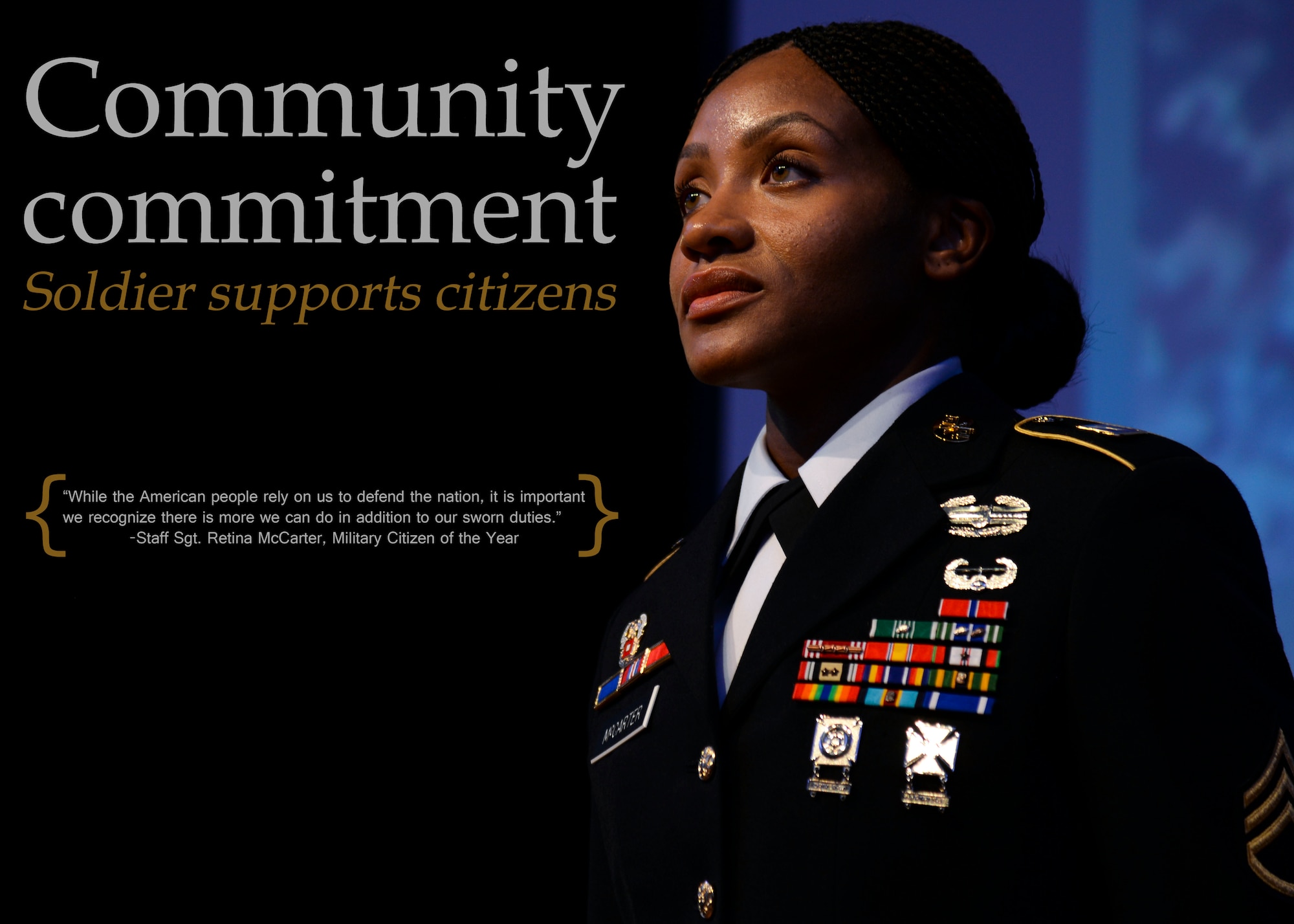U.S. Army Staff Sgt. Retina McCarter, 93rd Signal Brigade Headquarters and Headquarters Company information assurance noncommissioned officer, received the Military Citizen of the Year award, and she was inducted into the exclusive Sergeant Audie Murphy Club. She believes interacting with other Soldiers and those in the community is the best way to learn and grow, and by being a stalwart NCO to her Soldiers and an active volunteer within the community, she can grow alongside them. (U.S. Air Force photo by Senior Airman Austin Harvill/Released)