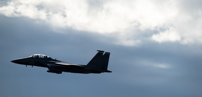 An F-15E Strike Eagle takes off from Mountain Home Air Force Base, Idaho, Oct. 30 2014, for training. A recent increase in flight hours has given aircrew more training opportunities. (U.S. Air Force photo by Airman 1st Class Jeremy L. Mosier/RELEASED)