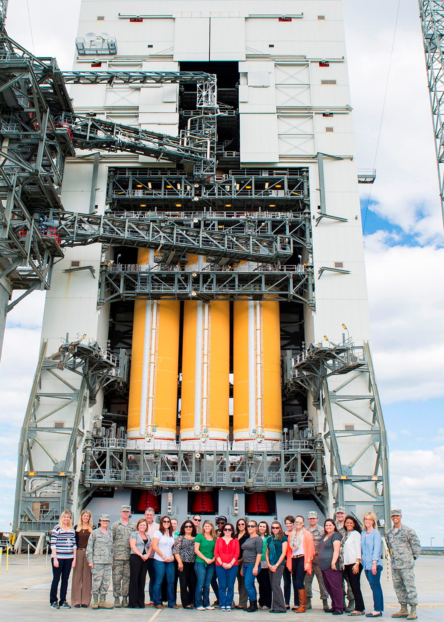 Brig. Gen. Nina Armagno, 45th Space Wing commander, invited Key Spouses to attend a guided tour of Patrick Air Force Base and Cape Canaveral Air Force Station, Fla., Oct. 24, 2014. The guests received unit mission briefings, visited facilities, and launch pads, during the tour, which provided them with increased awareness of the mission here. The Key Spouse program is an official unit-family program designed to enhance readiness and establish a sense of Air Force community. (U.S. Air Force photo/Matthew Jurgens)