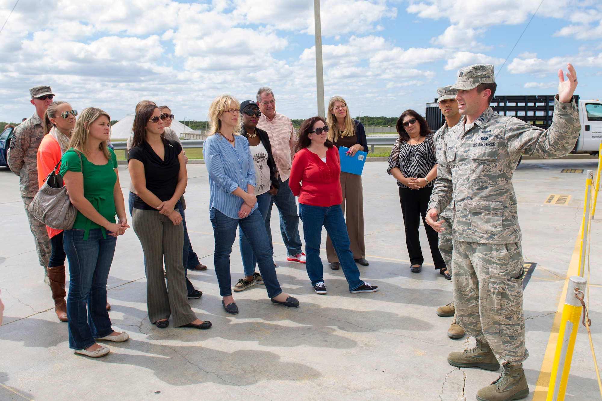 Brig. Gen. Nina Armagno, 45th Space Wing commander, invited Key Spouses to attend a guided tour of Patrick Air Force Base and Cape Canaveral Air Force Station, Fla., Oct. 24, 2014. The guests received unit mission briefings, visited facilities, and launch pads, during the tour, which provided them with increased awareness of the mission here. The Key Spouse program is an official unit-family program designed to enhance readiness and establish a sense of Air Force community. (U.S. Air Force photo/Matthew Jurgens)