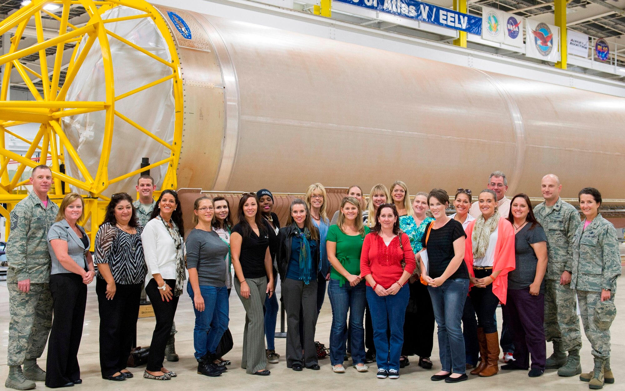 Brig. Gen. Nina Armagno, 45th Space Wing commander, invited Key Spouses to attend a guided tour of Patrick Air Force Base and Cape Canaveral Air Force Station, Fla., Oct. 24, 2014. The guests received unit mission briefings, visited facilities, and launch pads, during the tour, which provided them with increased awareness of the mission here. The Key Spouse program is an official unit-family program designed to enhance readiness and establish a sense of Air Force community. (U.S. Air Force photo/Matthew Jurgens)