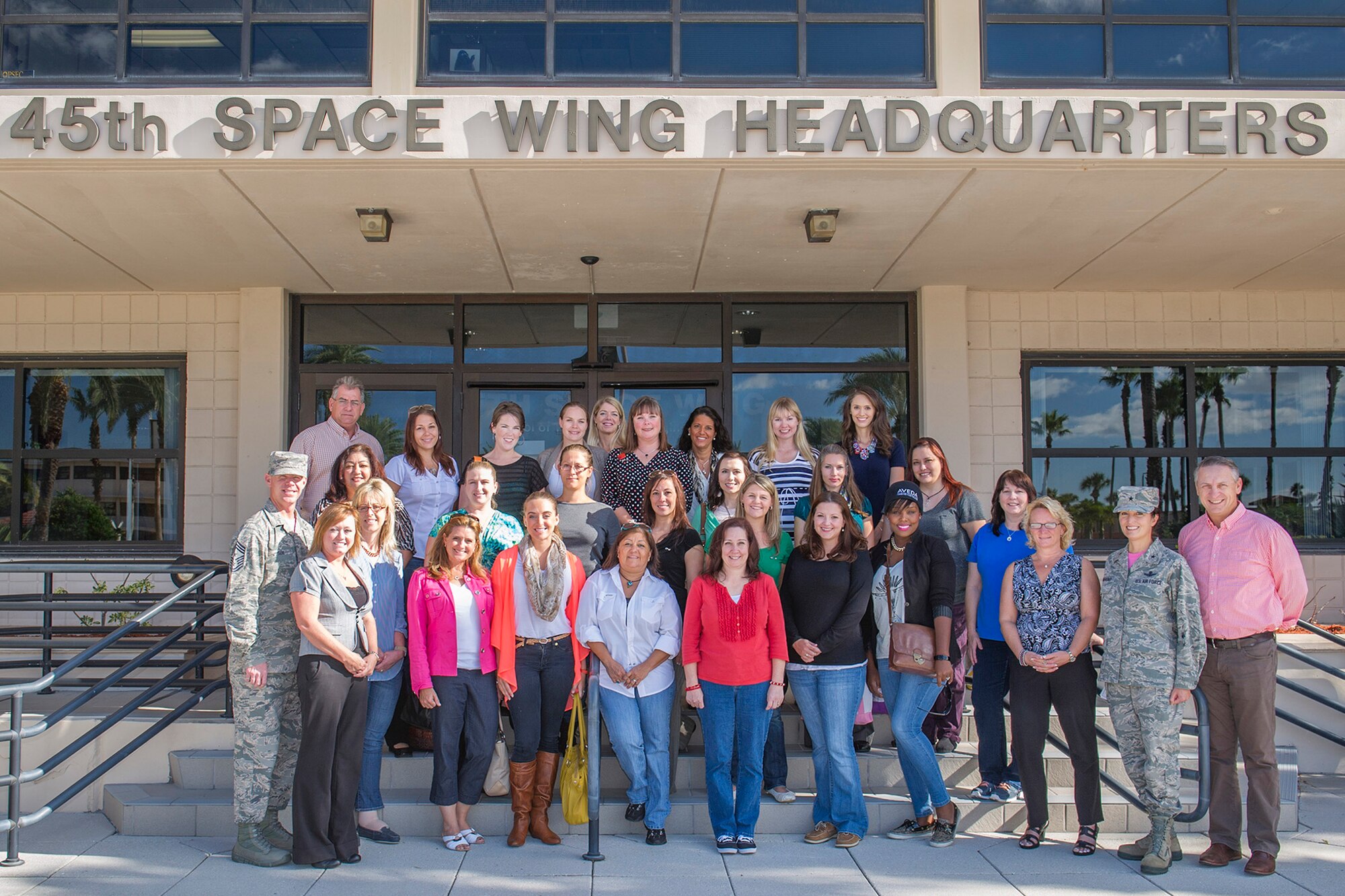 Brig. Gen. Nina Armagno, 45th Space Wing commander, invited Key Spouses to attend a guided tour of Patrick Air Force Base and Cape Canaveral Air Force Station, Fla., Oct. 24, 2014. The guests received unit mission briefings, visited facilities, and launch pads, during the tour, which provided them with increased awareness of the mission here. The Key Spouse program is an official unit-family program designed to enhance readiness and establish a sense of Air Force community. (U.S. Air Force photo/Matthew Jurgens)