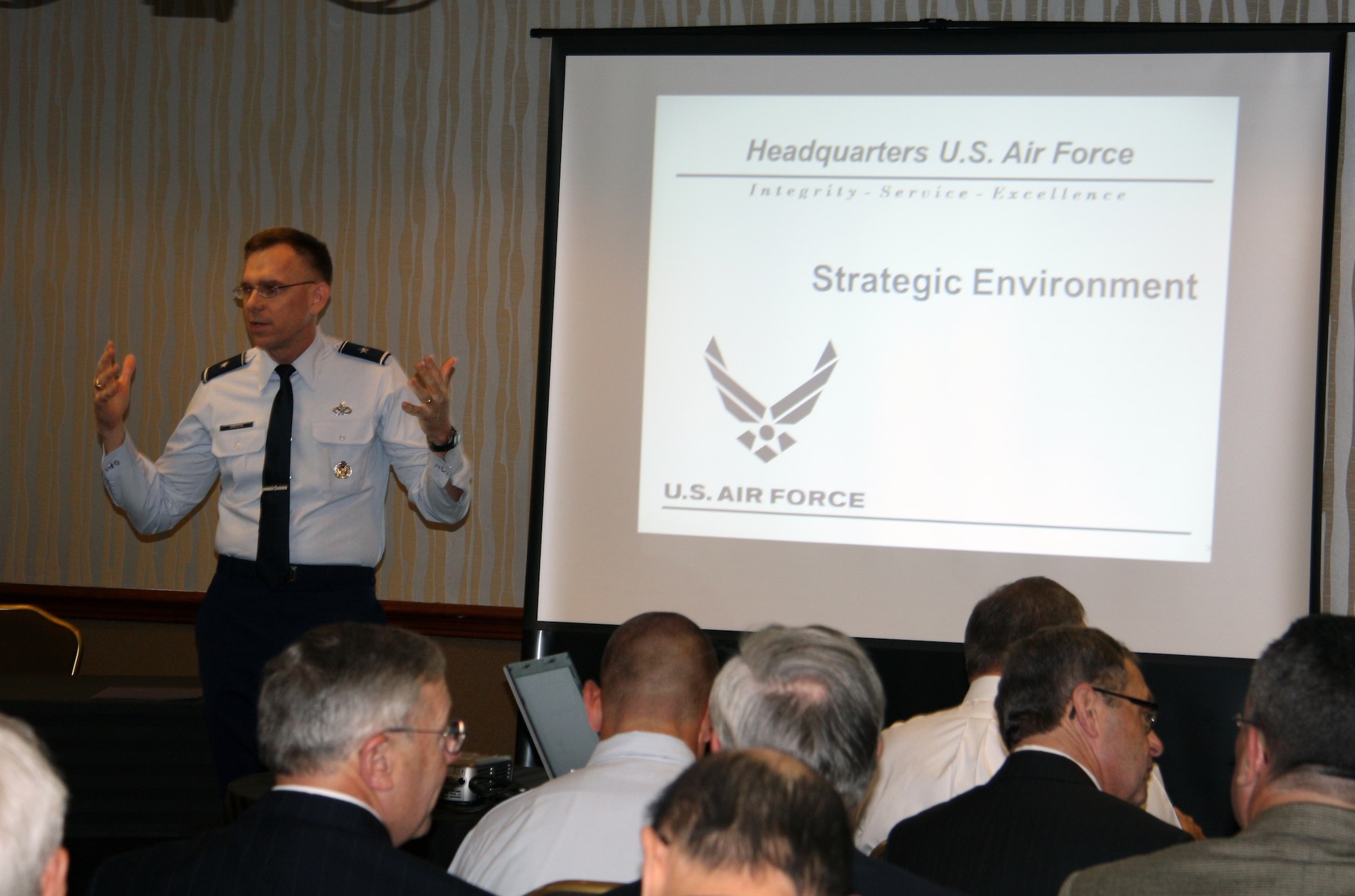Director of Civil Engineers Brig. Gen. Timothy Green welcomes past and present civil engineers to the Founders Forum session before providing an overview of the current Air Force strategic outlook as context for the afternoon’s discussions. (U.S. Air Force photo/Erin Maloney/Released)