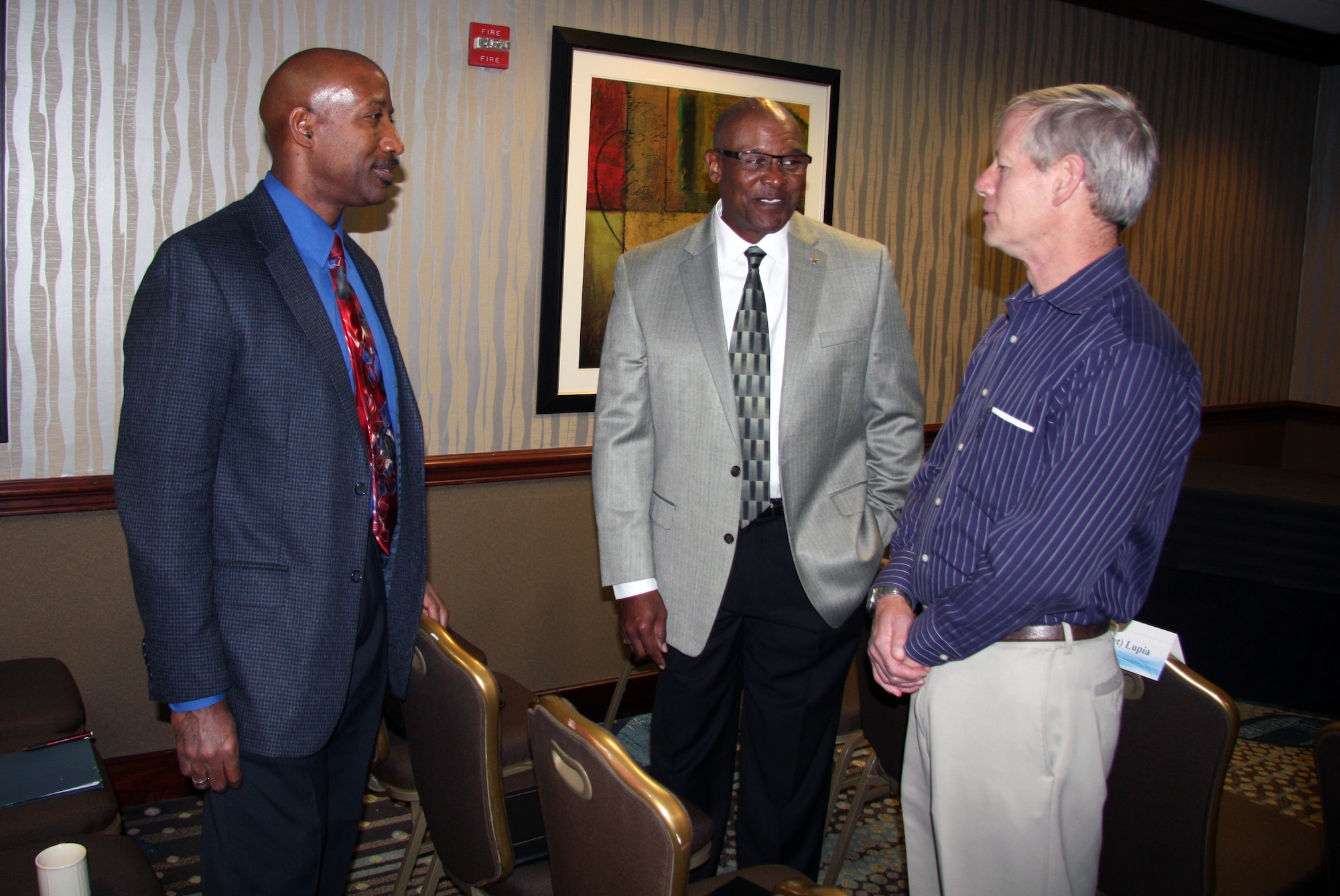 From left, retired Lt. Col. Spencer Patterson, retired Lt. Col. Will Dean  and retired Col. Dave DeFoliart had the opportunity to reunite with former colleagues and meet other civil engineers who share a passion for the Air Force during the recent Founders Day. (U.S. Air Force photo/Erin Maloney/Released)