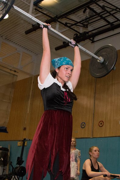 1st Lt. Amey Sanders, 66th Force Support Squadron executive officer, participates in Workout of the Day for a Cause at the Hanscom Warrior Training Center with all proceeds benefitting the Combined Federal Campaign, Oct. 31. The annual charity drive has been extended through Nov. 14. (U.S. Air Force photo by Mark Herlihy)