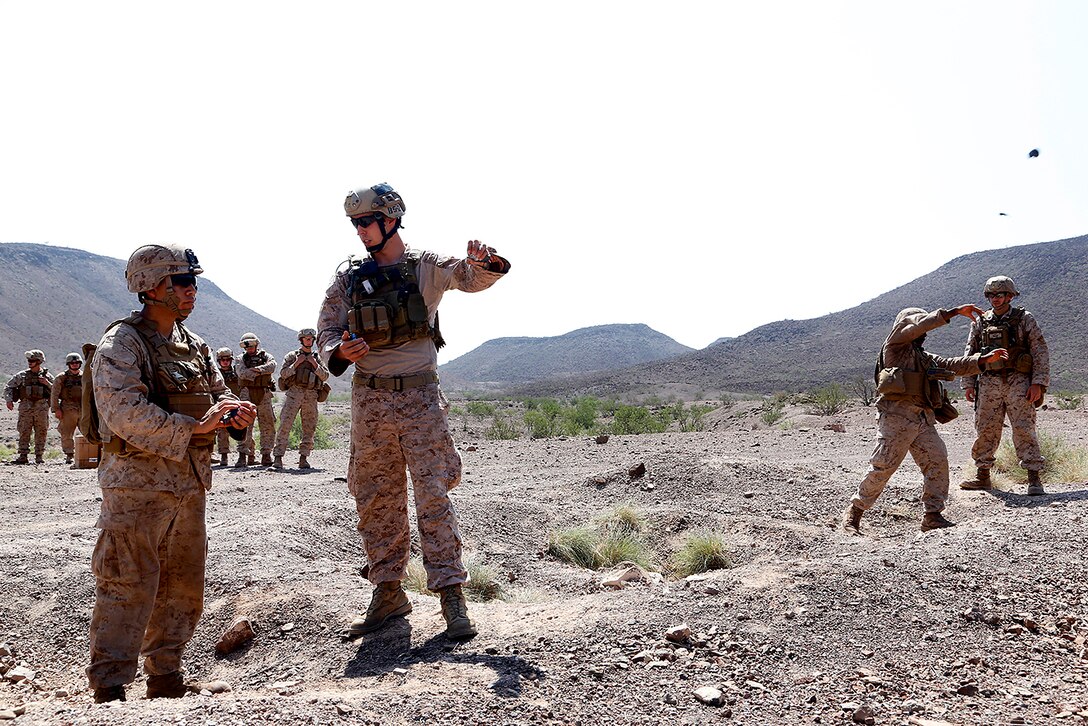 U.S. Marines throw M69 practice grenades during sustainment training at ...