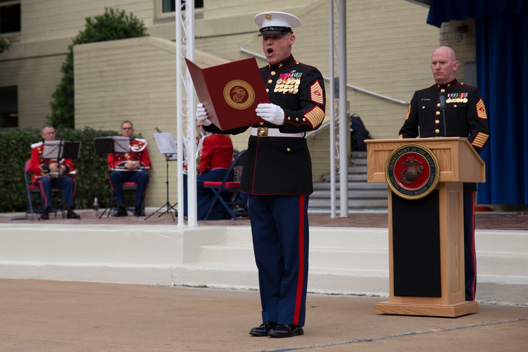 Sergeant Maj. Micheal Barrett, sergeant major of the Marine Corps, speaks during a cake cutting ceremony at the Pentagon in anticipation of the 239th Marine Corps birthday, Nov. 5. (Courtesy Photo)