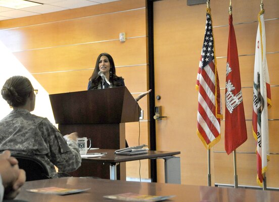 Dr. Joely Proudfit, director of the California Indian Culture and Sovereignty Center,speaks to a packed conference room at the District’s celebration held in the downtown Los Angeles building Nov. 6.