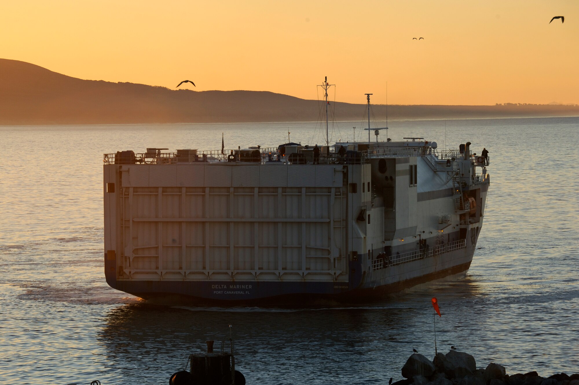A cargo ship, the Delta Mariner, approaches the Vandenberg Air Force Base dock, Nov. 5, 2014, Vandenberg Air Force Base, Calif. The Delta Mariner made its way from a production facility in Decatur, Ala., to deliver a United Launch Alliance Delta IV rocket, scheduled to launch in 2015. (U.S. Air Force photo by Senior Airman Shane M. Phipps/Released)

