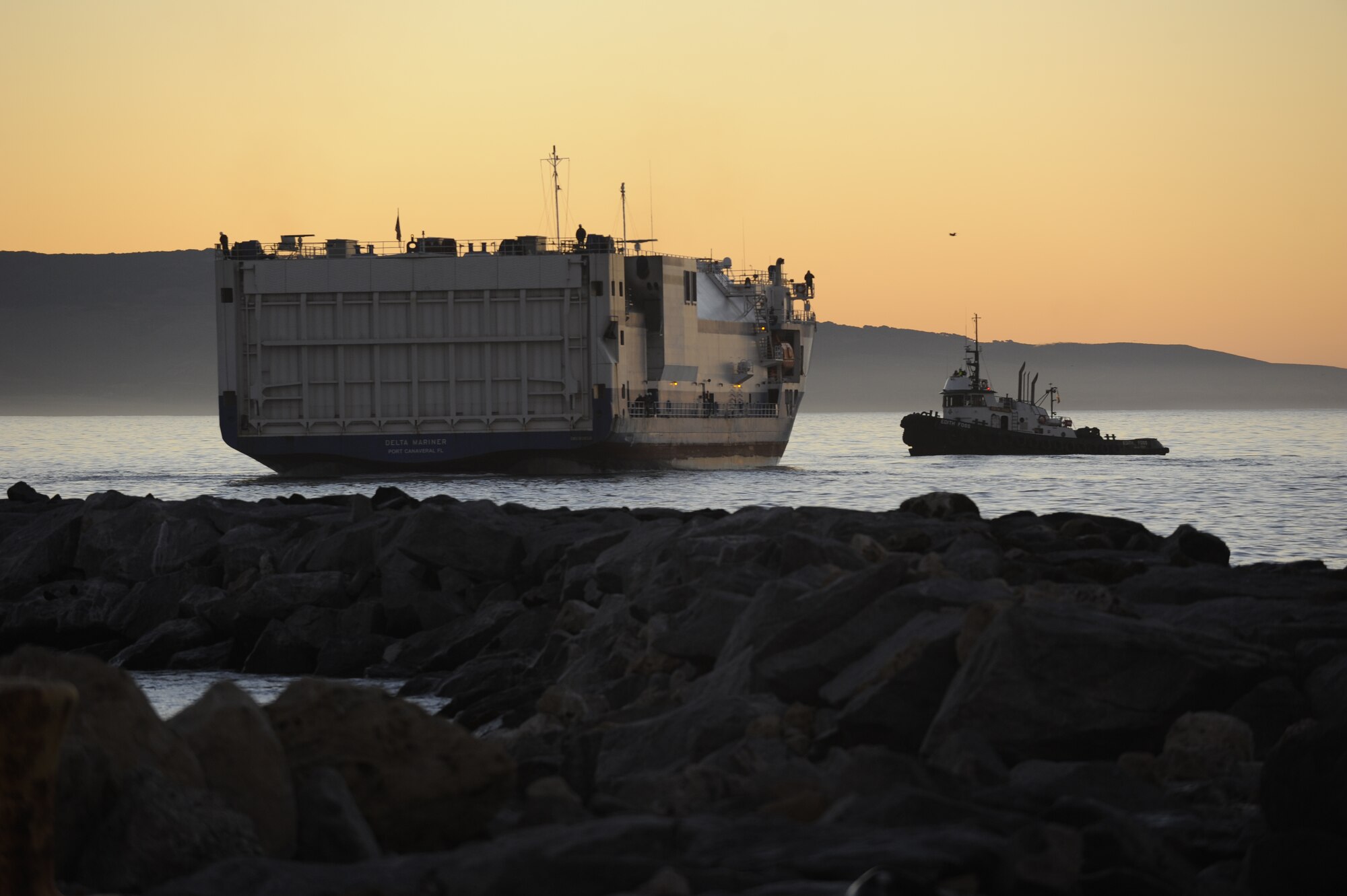 A cargo ship, the Delta Mariner, approaches the Vandenberg Air Force Base dock, Nov. 5, 2014, Vandenberg Air Force Base, Calif. The Delta Mariner made its way from a production facility in Decatur, Ala., to deliver a United Launch Alliance Delta IV rocket, scheduled to launch in 2015. (U.S. Air Force photo by Senior Airman Shane M. Phipps/Released)

