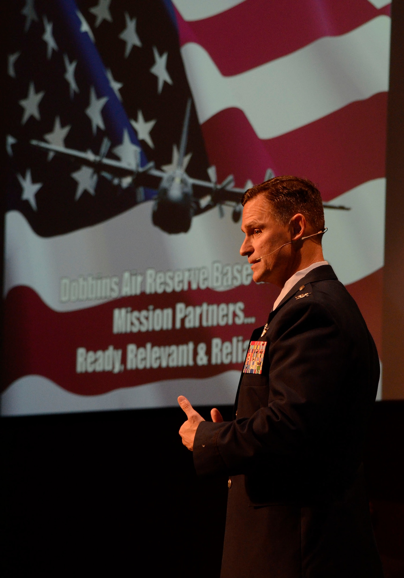 Col. Brett Clark, 94th Airlift Wing commander, speaks to a crowd of business professionals about Dobbins Air Reserve Base mission at the Acworth Business Associations monthly meeting held in Acworth, Ga. Nov. 6, 2014. (U.S. Air Force photo by Don Peek/Released)