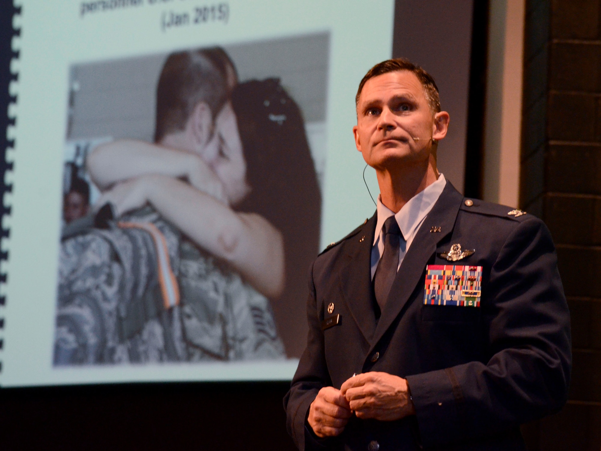 Col. Brett Clark, 94th Airlift Wing commander, speaks to a crowd of business professionals about Dobbins Air Reserve Base mission at the Acworth Business Associations monthly meeting held in Acworth, Ga. Nov. 6, 2014. (U.S. Air Force photo by Don Peek/Released)