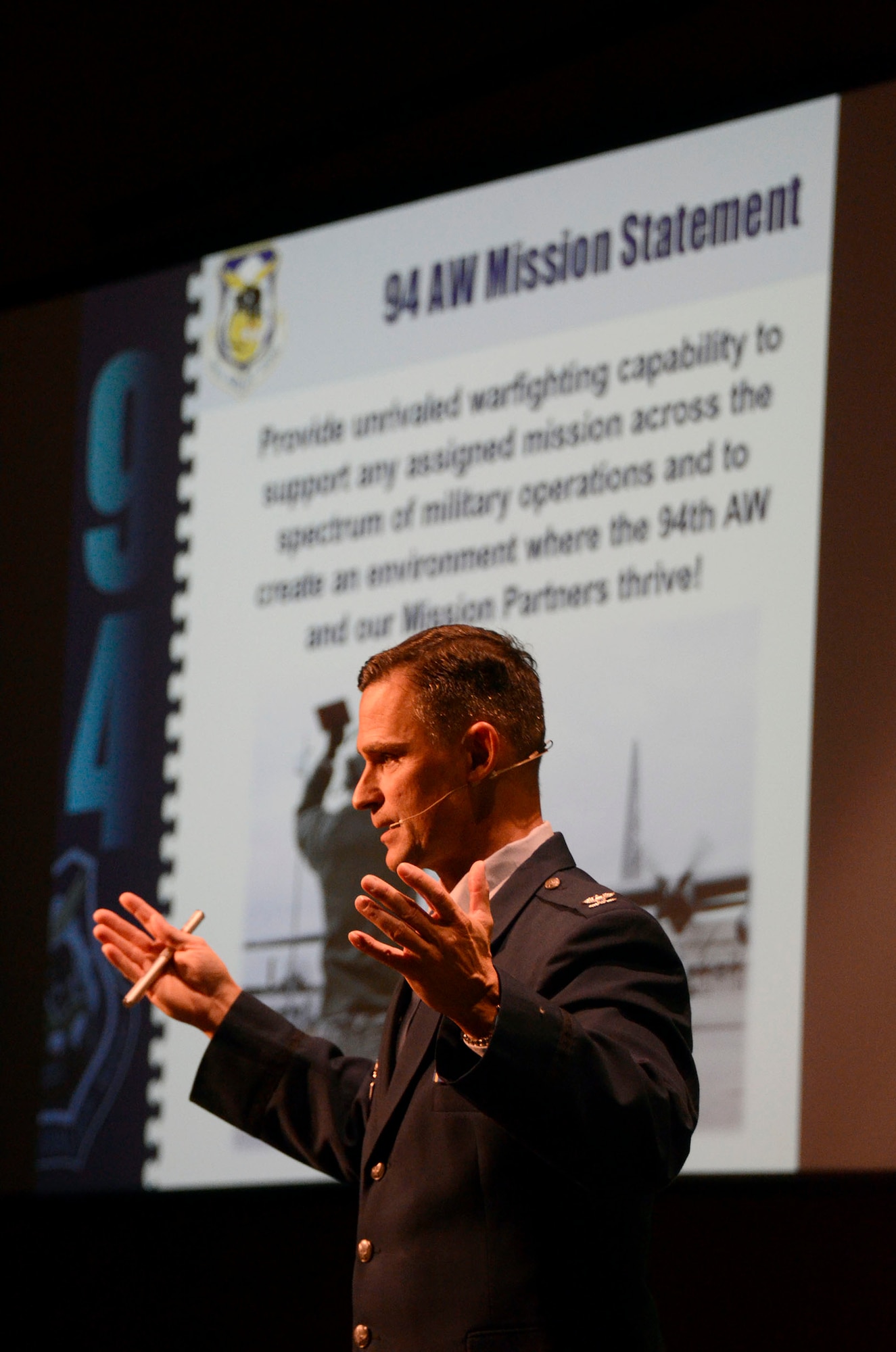 Col. Brett Clark, 94th Airlift Wing commander, speaks to a crowd of business professionals about Dobbins Air Reserve Base mission at the Acworth Business Associations monthly meeting held in Acworth, Ga. Nov. 6, 2014. (U.S. Air Force photo by Don Peek/Released)