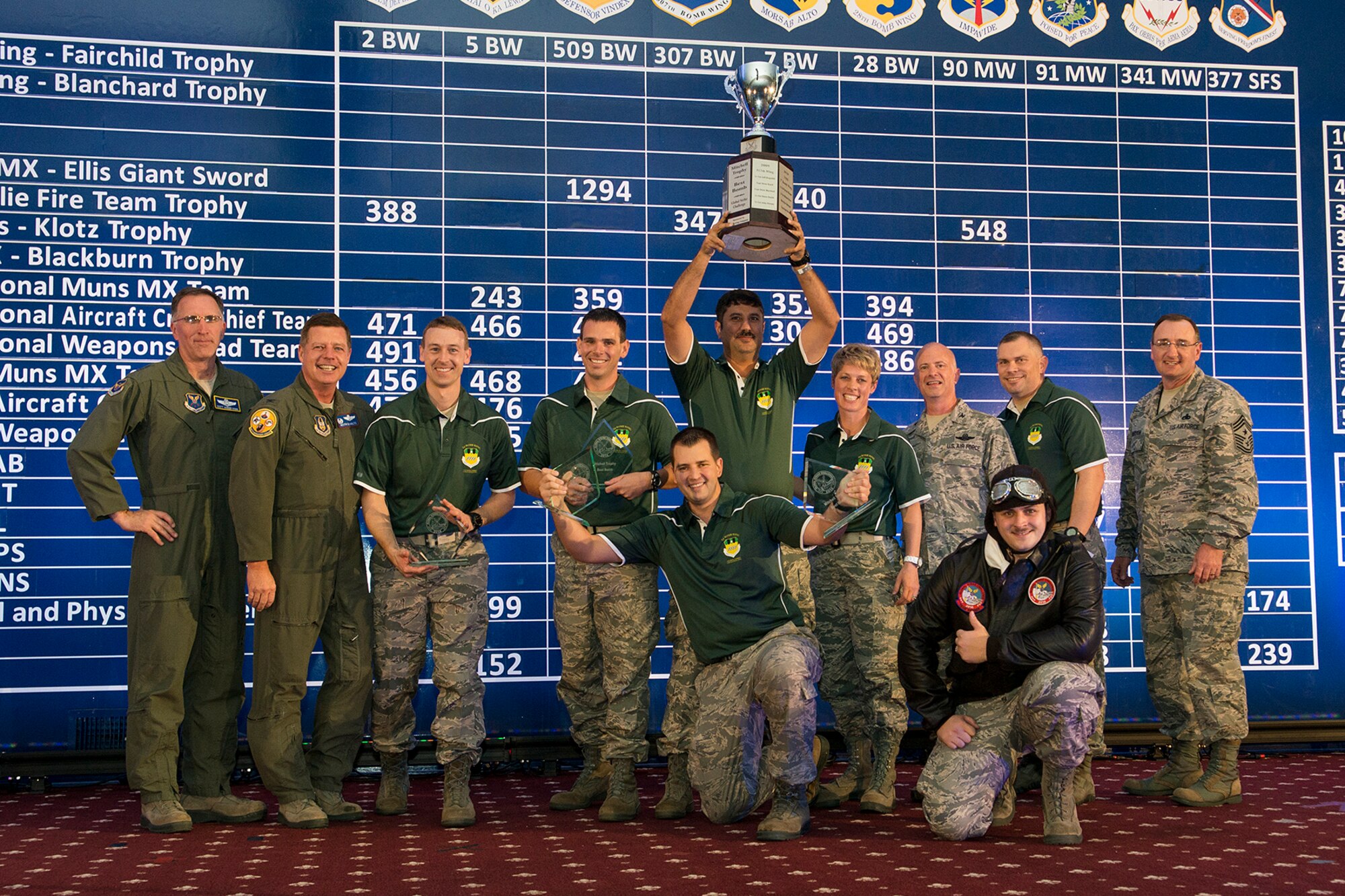 Members of the 343rd Bomb Squadron (BS) are awarded the Mitchell Trophy during the Air Force Global Strike Challenge score posting, Nov. 5, 2014, Barksdale Air Force Base, La. The trophy is awarded to the squadron with the "Best Bomb,” which the 343rd BS had, beating the competition with a distance from the target of 14 feet. (U.S. Air Force photo by Master Sgt. Greg Steele/Released)