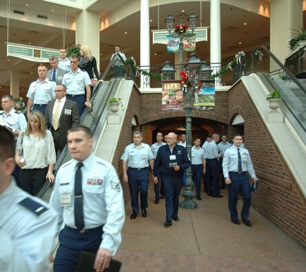 Airmen of all ranks depart from one of the keynote speaker seminars held within the exhibition hall Oct. 31, 2014, at the Gaylord Opryland Resort & Convention Center in Nashville, TN. These Airmen were among the hundreds of others who attended the three-day long Airlift/Tanker Association symposium. (U.S. Air Force photo/2nd Lt. James Fisher).