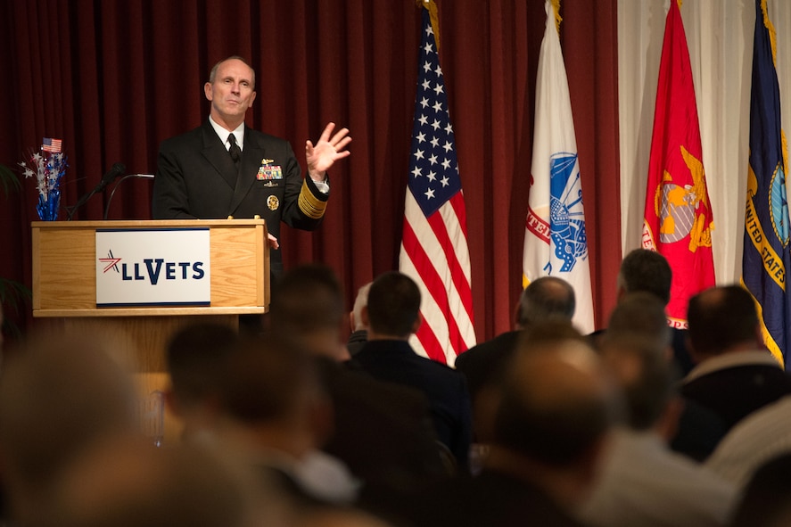 Chief of Naval Operations Adm. Jonathan Greenert speaks to a group of MIT Lincoln Laboratory veterans during a luncheon engagement at the Minuteman Commons Nov. 6. The luncheon, sponsored by the Laboratory, is an annual event. Last year it featured another member of the Joint Chiefs of Staff, Gen. Mark A. Welsh III, the U.S. Air Force chief of staff, who participated as part of a two-day visit to Hanscom.  (U.S Air Force Photo by Mark Herlihy)