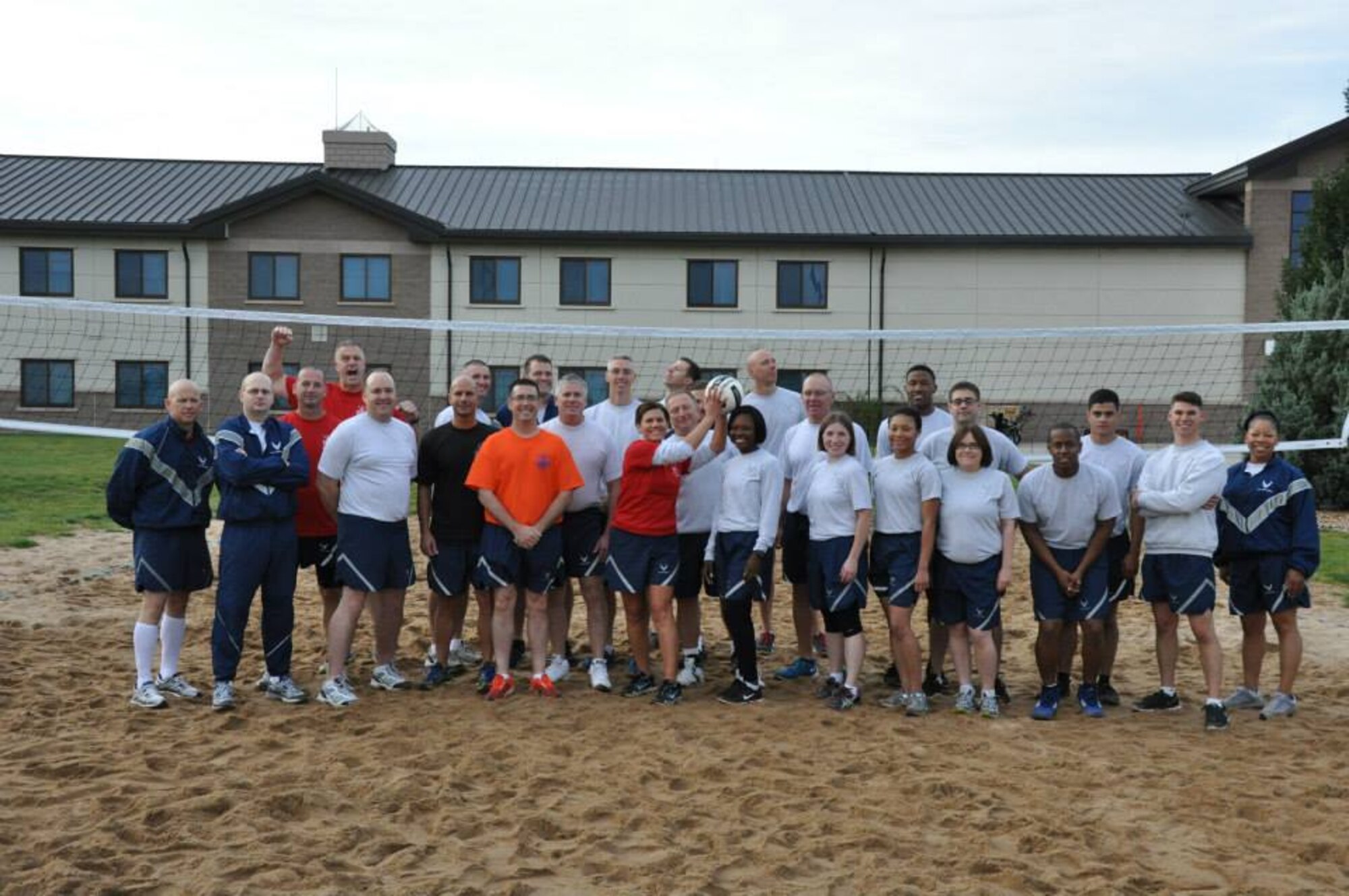 Three chief master sergeants and the first sergeant from the Air Reserve Personnel Center contributed to the Buckley Chiefs and Shirts team who competed against Airmen from the Airman Leadership School Class Oct. 8, 2014, on Buckley Air Force Base, Colo. Chief Master Sgts. Ruthe Flores, Sean Strong and James Kirkley were a force to be reckoned during two matches that pushed each team to their limits. The matches were hard fought and closely officiated by ARPC's shirt, Senior Master Sgt. John Neeley. (U.S. Air Force photo/Tech. Sgt. Rob Hazelett) 