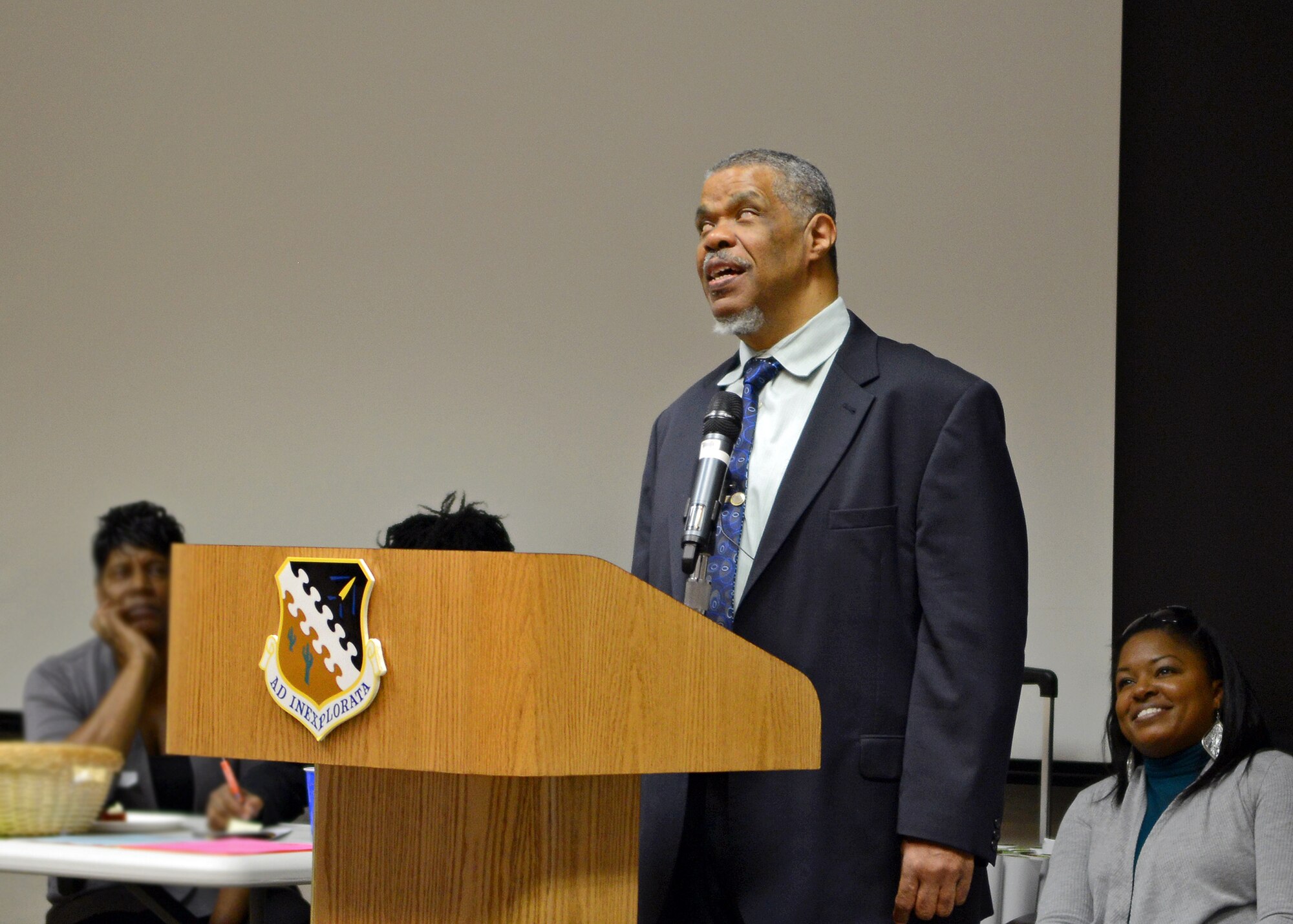 Guest speaker, retired judge Dana LaMon, spoke to more than 413 Airmen who were in attendance during the Wingman Day event held at the Airman and Family Readiness Center Nov. 3. The event was used as a day to refocus on resiliency, building a culture of caring throughout the community, core values and emphasizing a culture of dignity and respect among all Airmen. (U.S. Air Force photo by Jet Fabara)