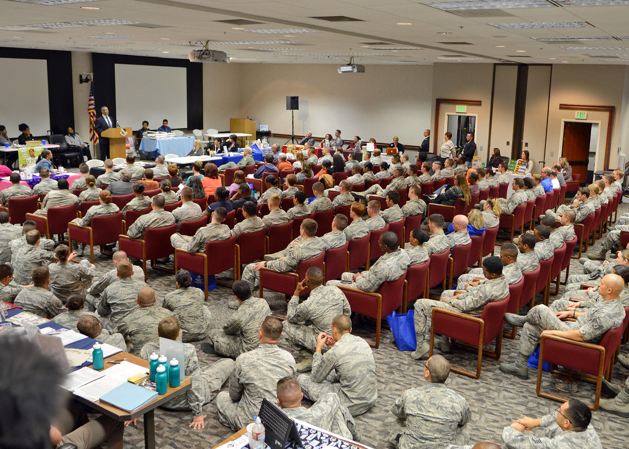 Guest speaker, retired judge Dana LaMon, spoke to more than 413 Airmen who were in attendance during the Wingman Day event held at the Airman and Family Readiness Center Nov. 3. The event was used as a day to refocus on resiliency, building a culture of caring throughout the community, core values and emphasizing a culture of dignity and respect among all Airmen. (U.S. Air Force photo by Jet Fabara)